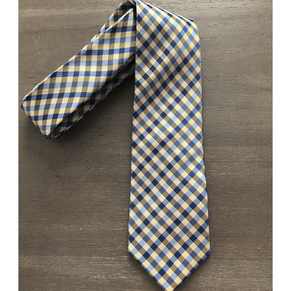 Haines & Bonner Of London Men's Blue Gold Check All‎ Silk 60"x 3" Handmade Tie